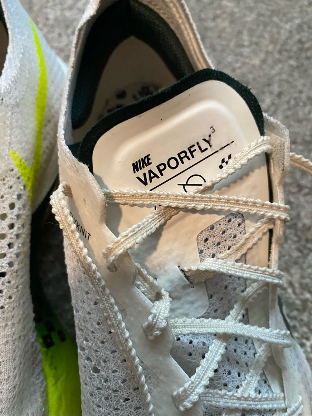 Nike White Vaporfly 3 with Neon Yellow Swoosh